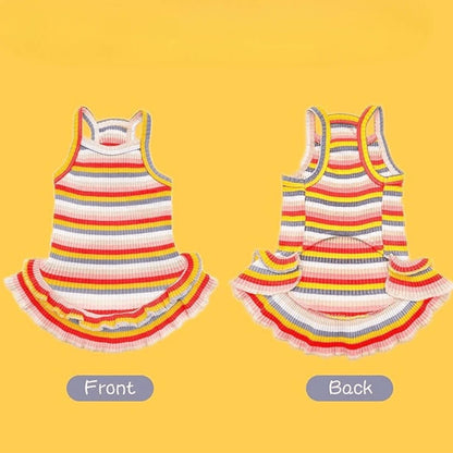 Radiant Royalty Adorable Rainbow Striped Princess Dress Apparel Summer Pet's Clothing