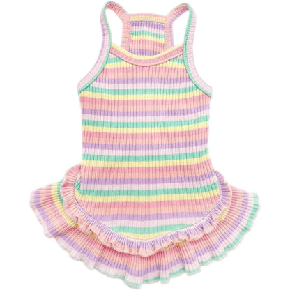 Radiant Royalty Adorable Rainbow Striped Princess Dress Apparel Summer Pet's Clothing